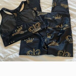 Victoria's Black and Gold Crown Print Sports Bra and Leggings Set